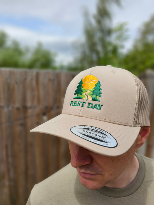 Rest Day Logo Trucker Hat – Khaki (Premium Edition)