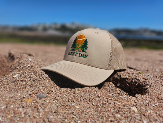 Rest Day Logo Trucker Hat – Khaki (Premium Edition)