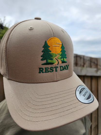 Rest Day Logo Trucker Hat – Khaki (Premium Edition)
