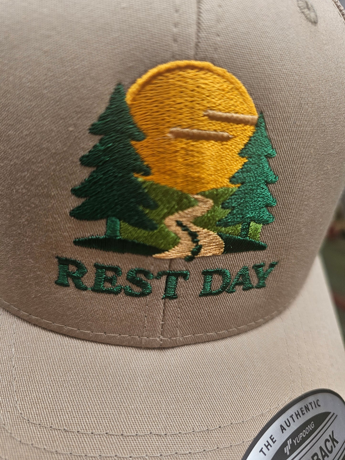 Rest Day Logo Trucker Hat – Khaki (Premium Edition)