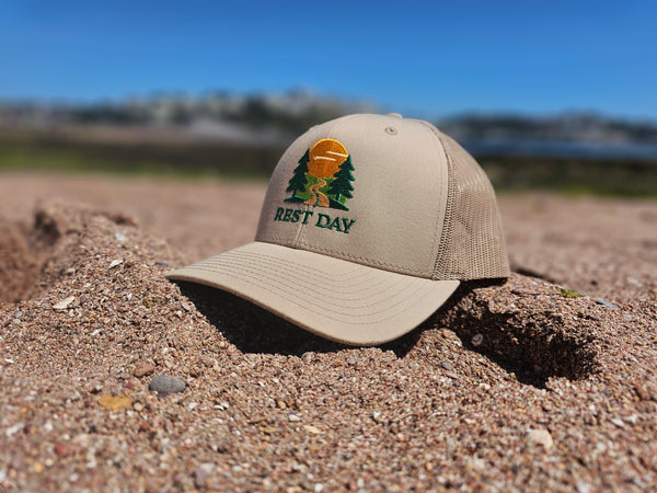 Rest Day Logo Trucker Hat – Khaki (Premium Edition)